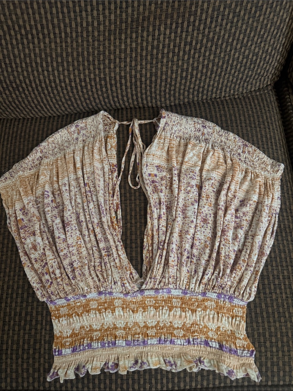 Free People Floral Off-Shoulder Smocked Crop Top - Cream, Lavender & Tan